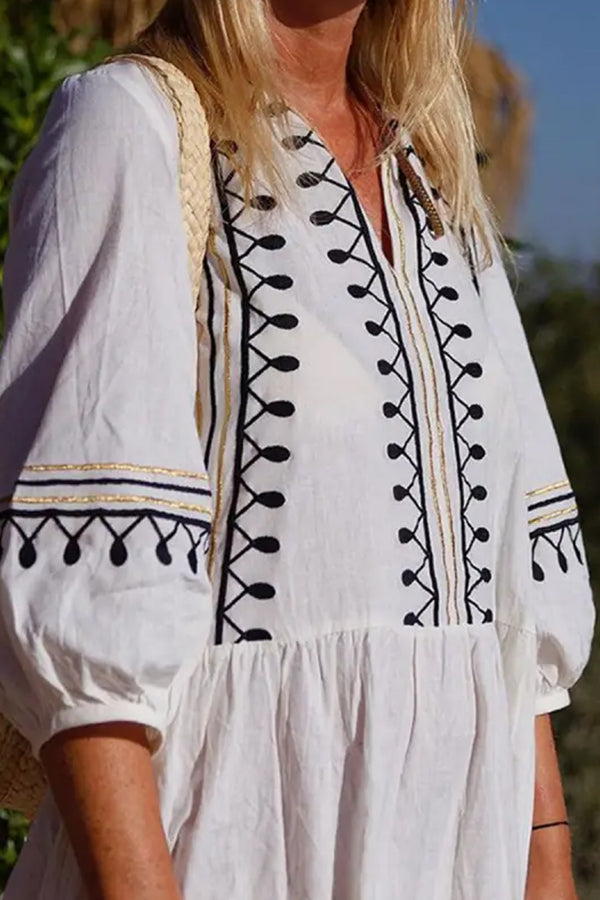 V-neck Loose Embroidered Mid-sleeve Midi Dress
