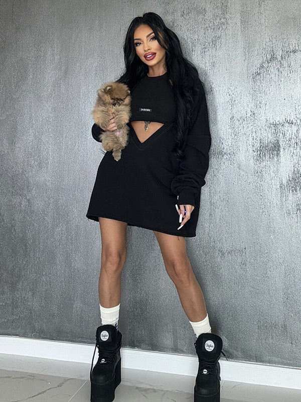 Loose Color Round-neck Mini Dresses & Vest Top Two Pieces Set