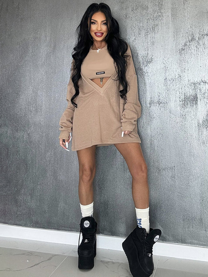 Loose Color Round-neck Mini Dresses & Vest Top Two Pieces Set