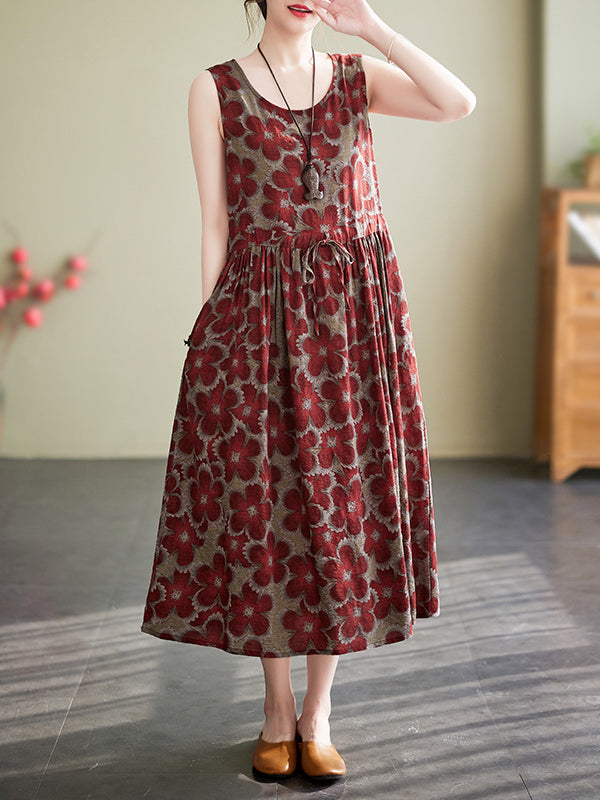 Loose Oversize Drawstring Printed Round-neck Midi Dresses