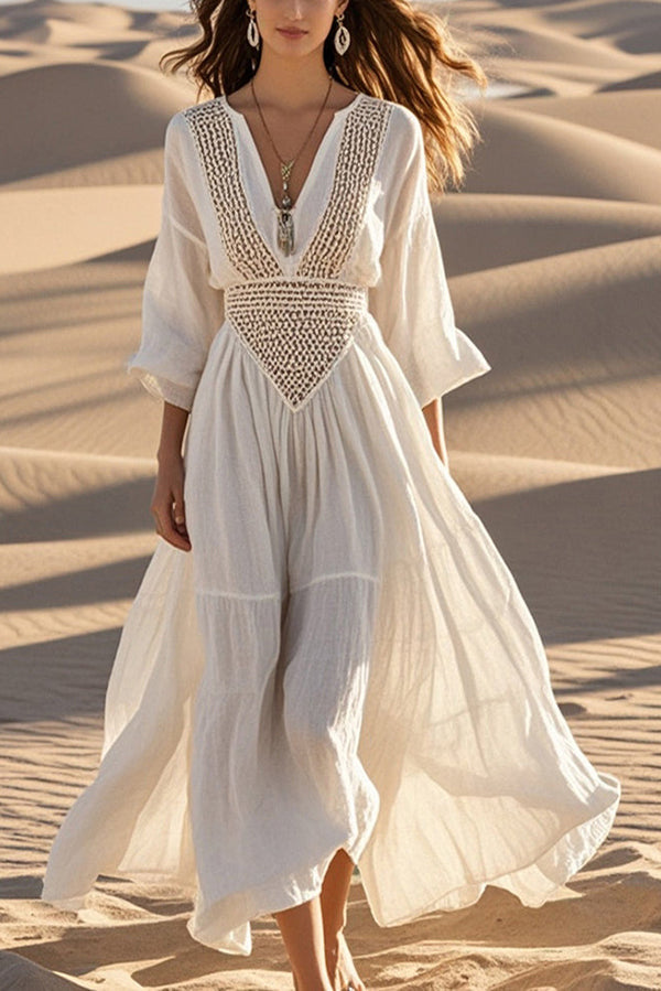 Hollow V-neck Full Hem Holiday Style Midi Dress