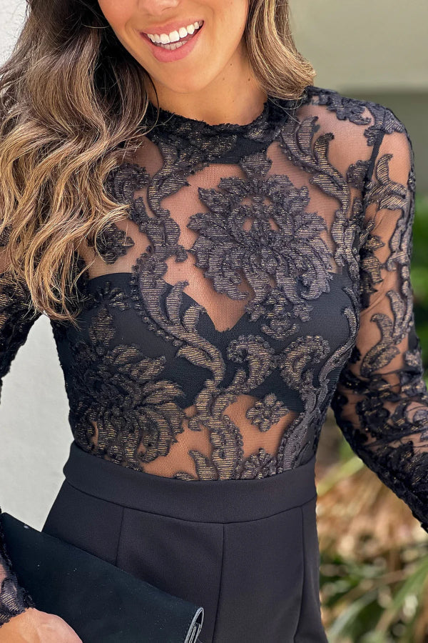Black Jumpsuit With Long Sleeve Embellished Top