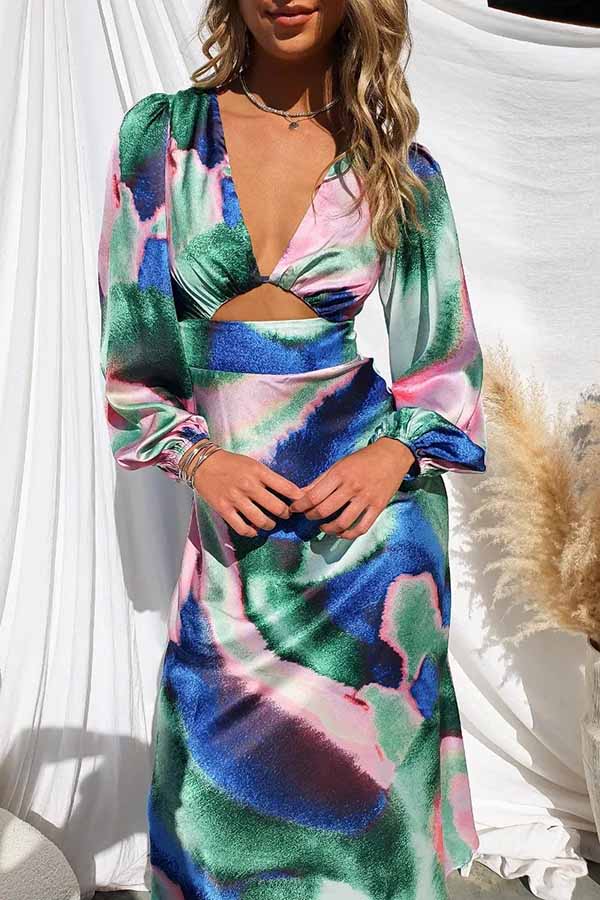 Own the Evening Satin Neon Print Cutout Midi Dress