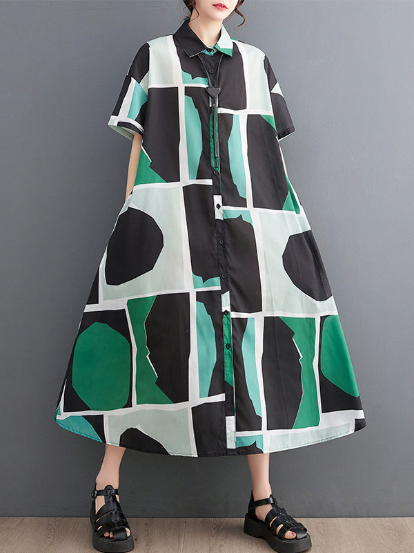 Loose Oversize Color-block Printed Lapel Midi Dresses Shirt Dress