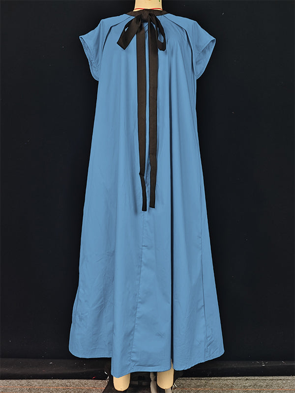 A-line Loose Pleated Tied Round-neck Midi Dresses