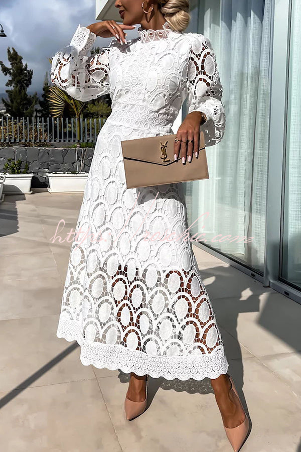 Romantic, Sensual and Crochet Lace Lantern Sleeve Party Midi Dress