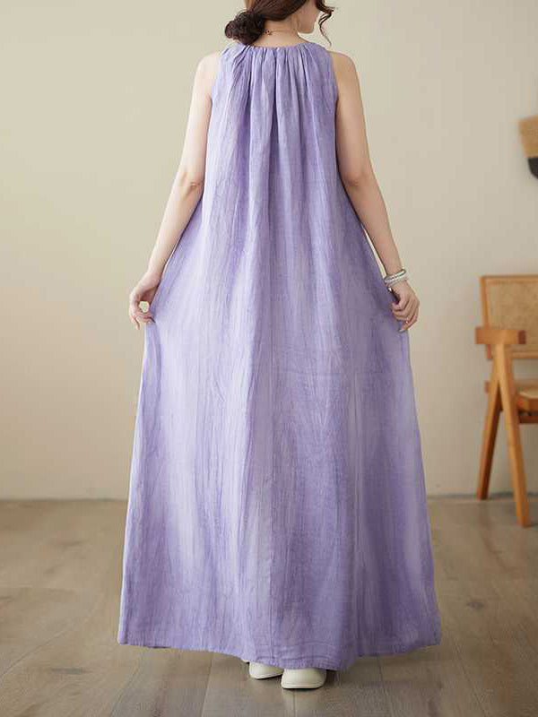 A-line Loose Pleated Color Round-neck Midi Dresses