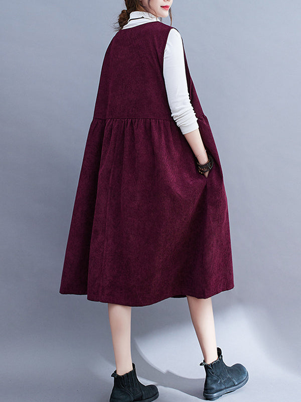 Artistic Retro Loose Sleeveless Color Round-neck Midi Dresses