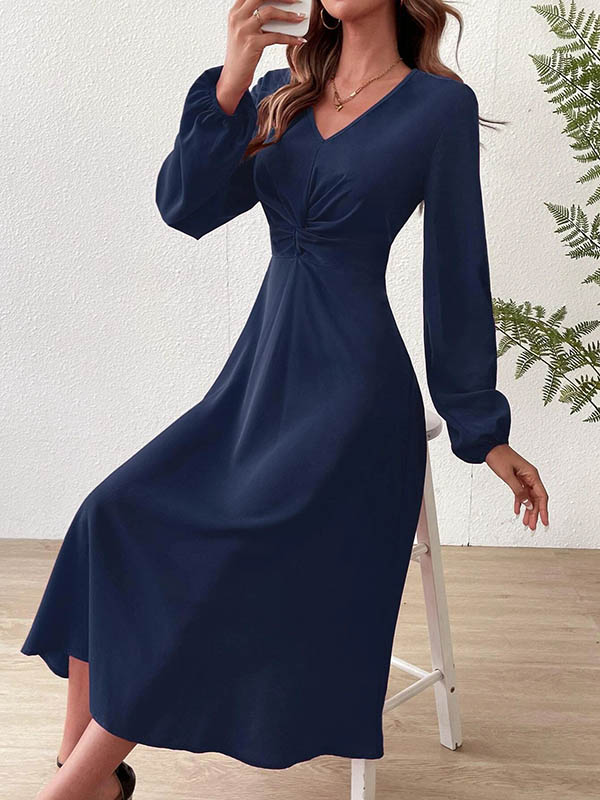 A-line High Waisted Pleated Color Zipper V-neck Midi Dresses