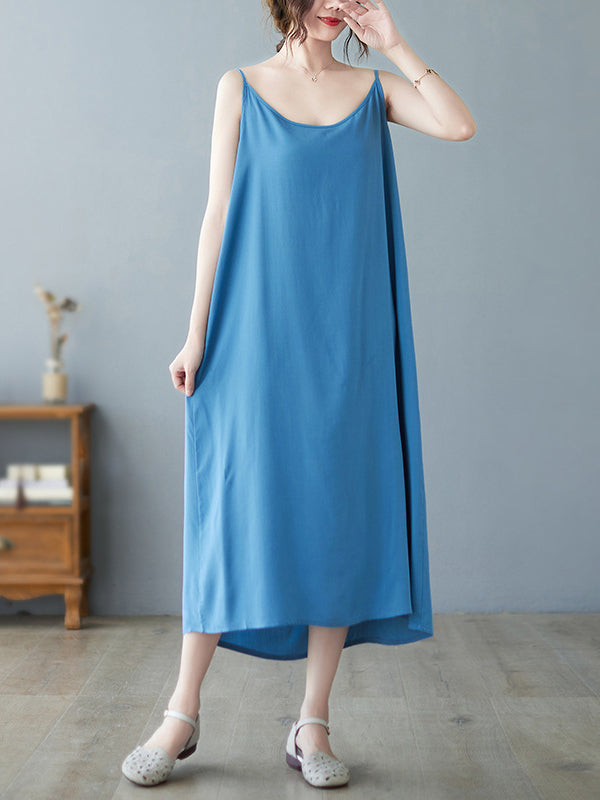 Loose Sleeveless Color Spaghetti-neck Midi Dresses