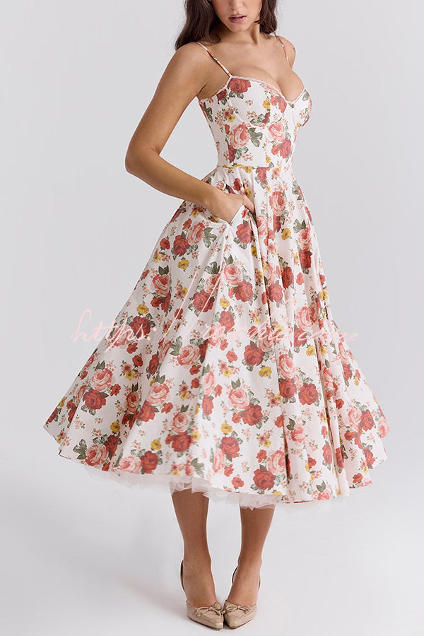 Fairy Tale Italian Rose Print Tulle Pocketed Slip Midi Dress