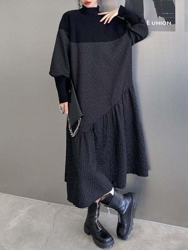A-line Long Sleeves Asymmetric Color Split-joint High-neck Midi Dresses Sweater Dresses