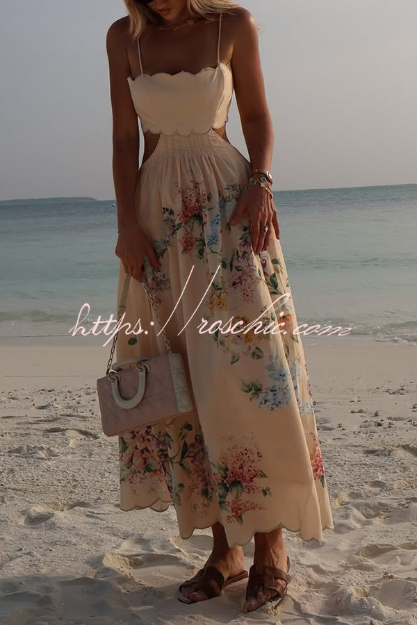 Cabo Sunsets Print Petal Trim Back Lace-up Midi Dress