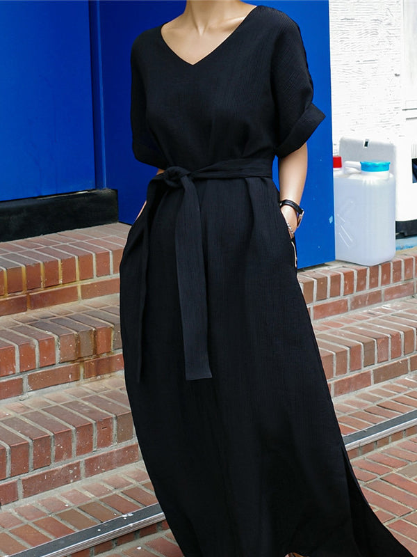 A-line Loose Hollow Color Split-side Tied Waist V-neck Midi Dresses