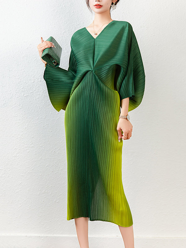 Loose Batwing Sleeves Gradient Pleated Midi Dress