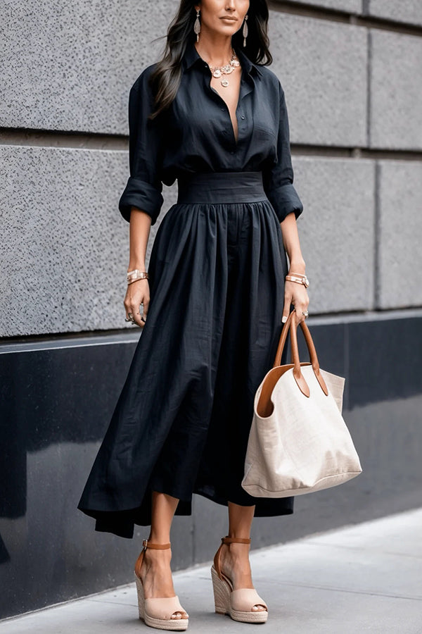 Color Lapel Long Sleeve Waist Midi Dress