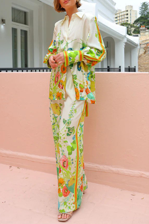 Satin Print Back Elastic Waist Pocketed Wide Leg Pants