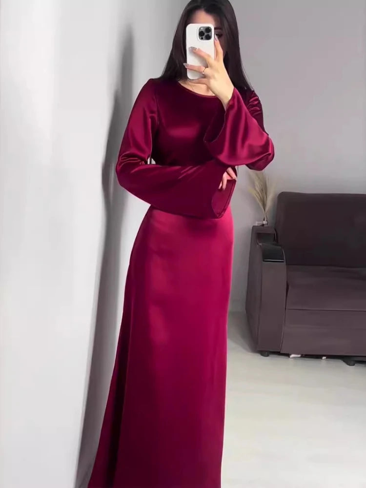 Satin High Waist Maxi Dress Bell Sleeve Lace Up Slim Banquet Mermaid Bodycon Dresses Throbbing in Autumn