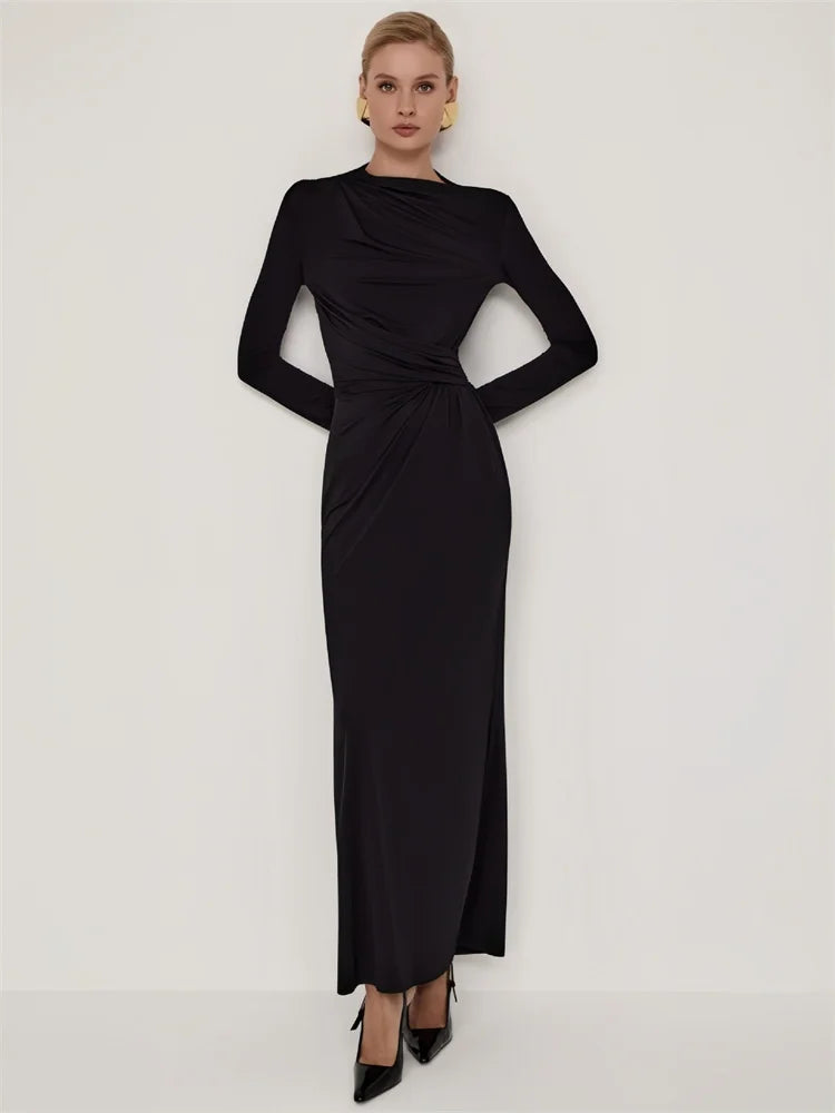 Autumn Pleated Long Dress Female High Waist Slim Bandage Commute Clothes Y2k Maxi Dress