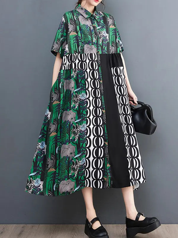 Short Sleeves Loose Printed Split-joint Lapel Midi Dresses Shirt Dress