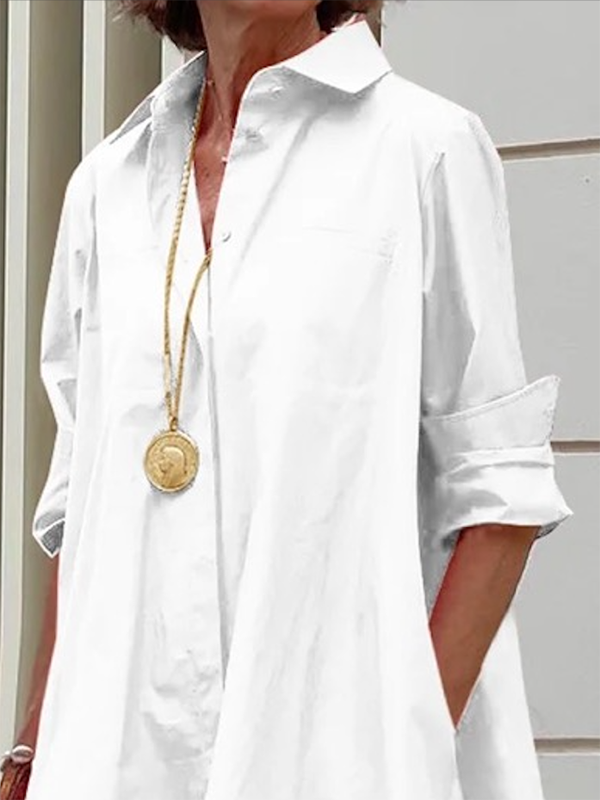 Long Sleeves Loose Color Lapel Collar Midi Dresses Shirt Dress