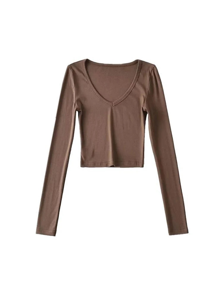 ’s Crop Tops Spring and Autumn Long-sleeved V-neck Cropped Top Bottoming Shirt T-shirt Tops