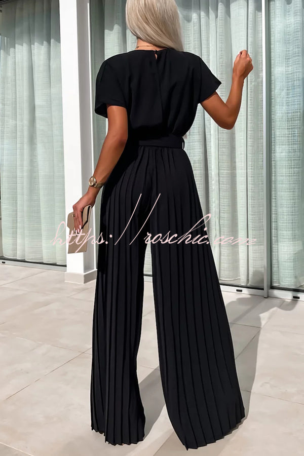 Ivy Cowl Neck Short Sleeve Belt Pleated Loose Wide Leg Jumpsuit