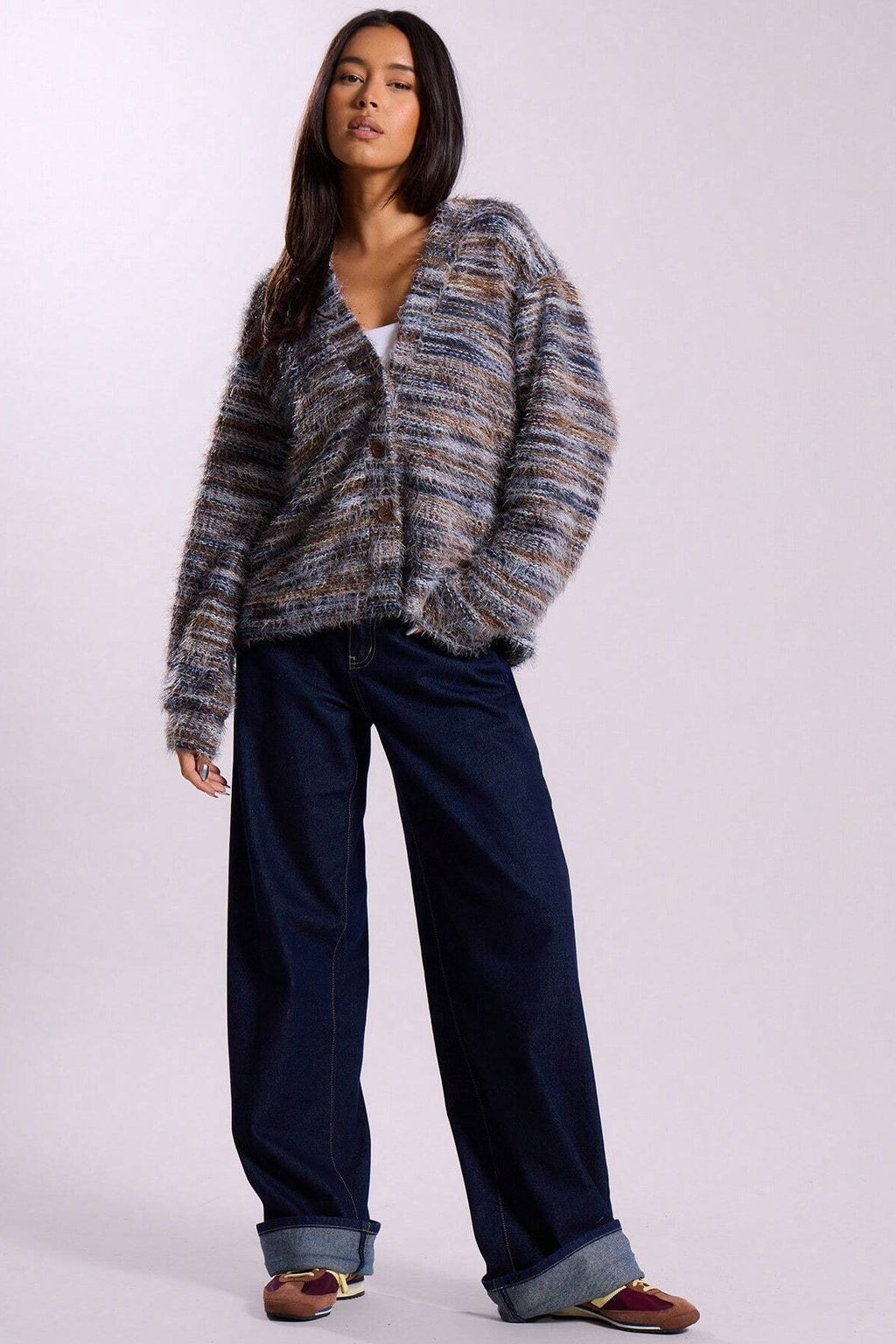 New Retro Deep V-neck Maillard Plush Long-sleeve Knit Cardigan