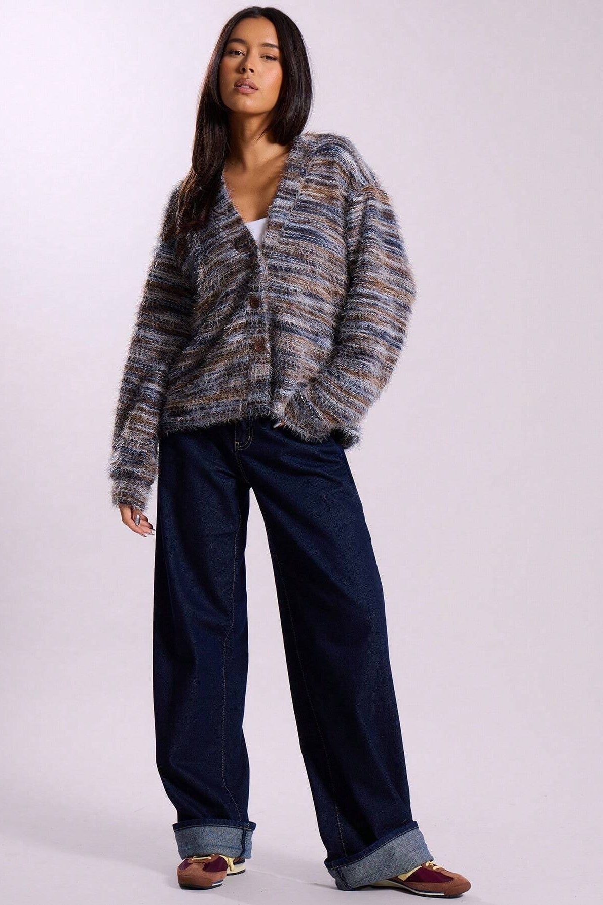 New Retro Deep V-neck Maillard Plush Long-sleeve Knit Cardigan