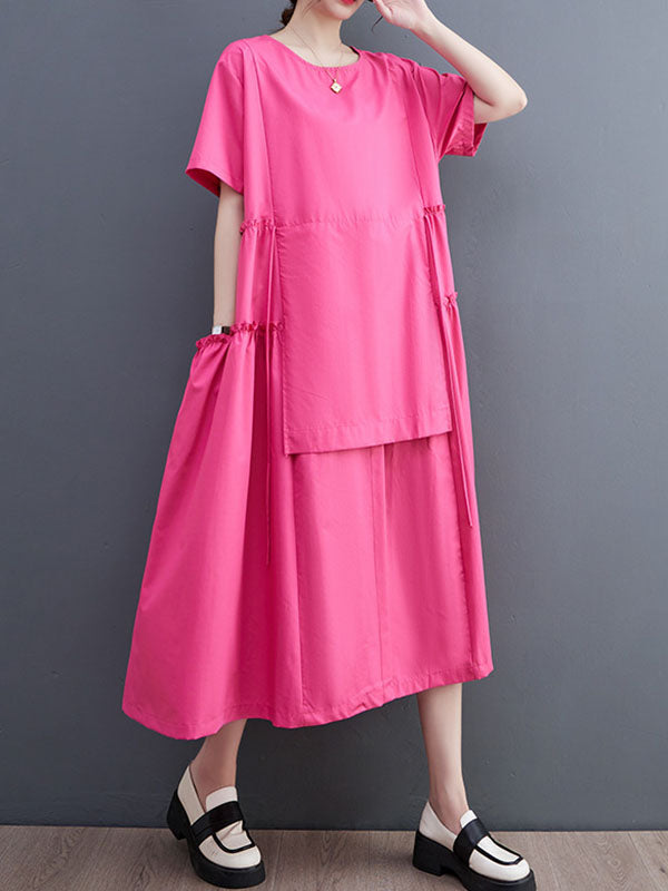 Loose Short Sleeves Color Split-joint Round-neck Midi Dresses