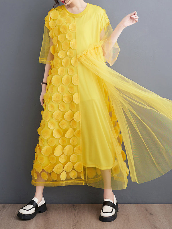 Loose Short Sleeves Asymmetric Gauze Split-joint Round-neck Midi Dresses