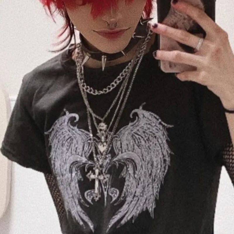 Y2k Spicy Girl European and American Abstract Printed T-shirt Summer New Short Style Open Navel Commuter Short Sleeved Top