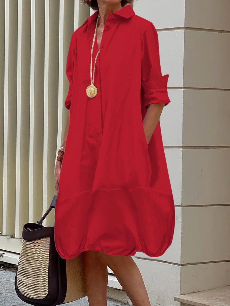 Long Sleeves Loose Color Lapel Collar Midi Dresses Shirt Dress