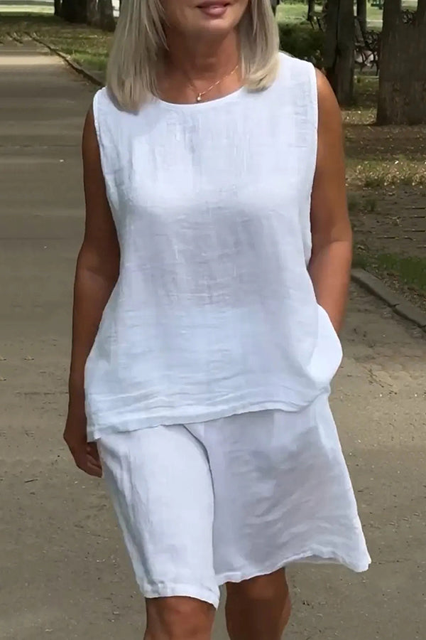 Linen Blend Sleeveless Crewneck Top and Loose Pocket Shorts Set