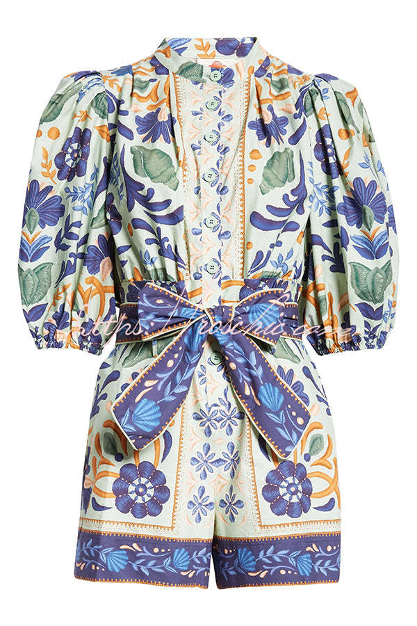 Elouise Linen Blend Unique Print Button Puff Sleeves Tie-up Pocketed Romper