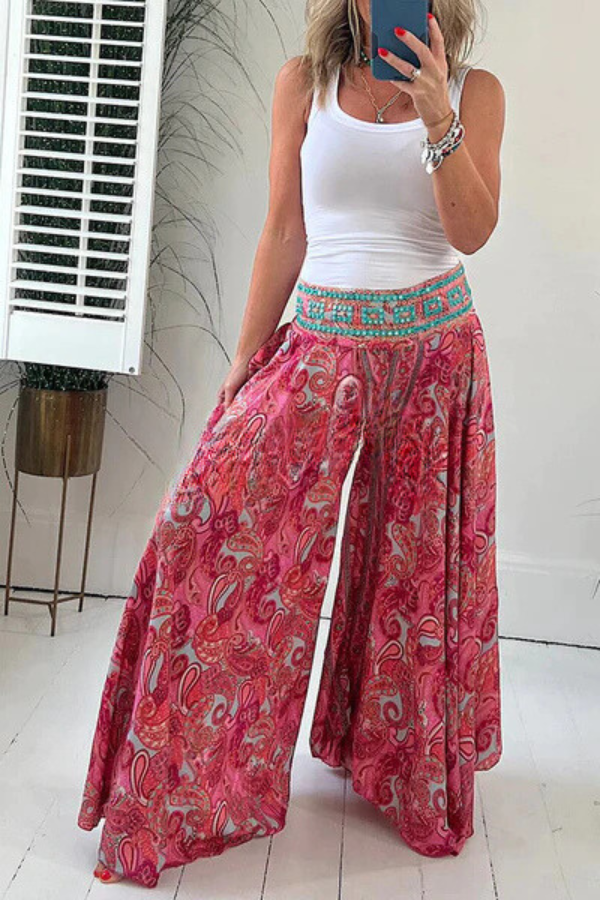 Paisley Print Elastic Patchwork Waist Pocketed Lightweight Pants