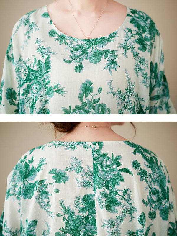 Loose Short Sleeves Printed Pleated Split-joint Round-neck Midi Dresses