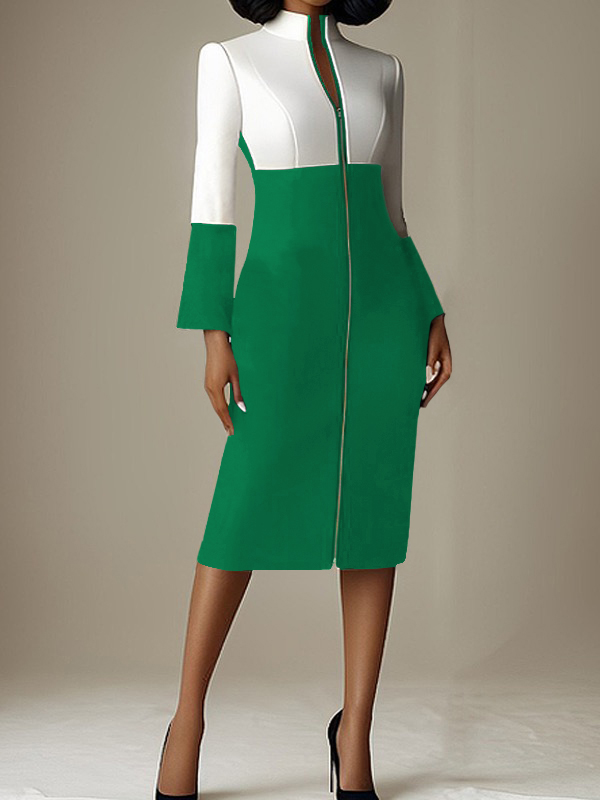 Long Sleeves Contrast Color Split-joint Zipper Stand Collar Midi Dresses
