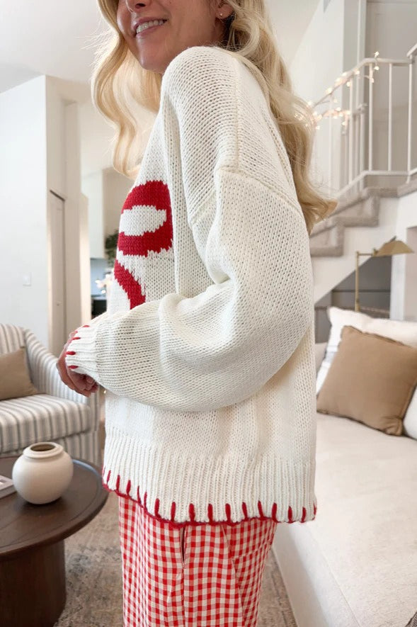 Slouchy Bow Jacquard Loose Pullover Sweater