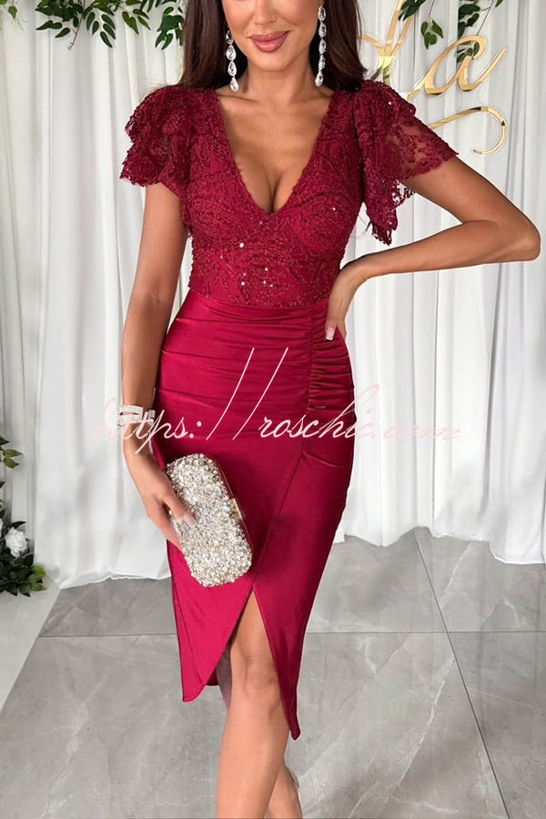 Dreamy Lace and Satin Patchwork Ruffle Sleeve Ruched Midi Dress