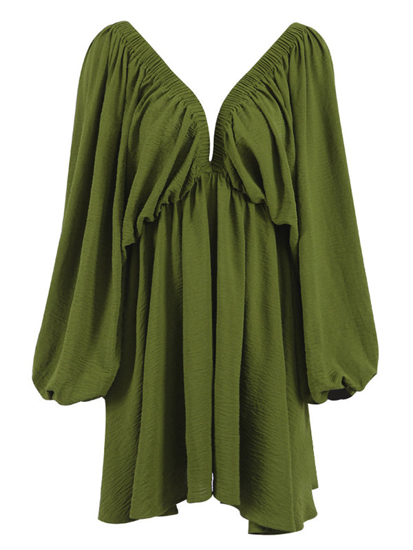 Long Sleeves Loose Elasticity Color V-back Deep V-neck Mini Dresses