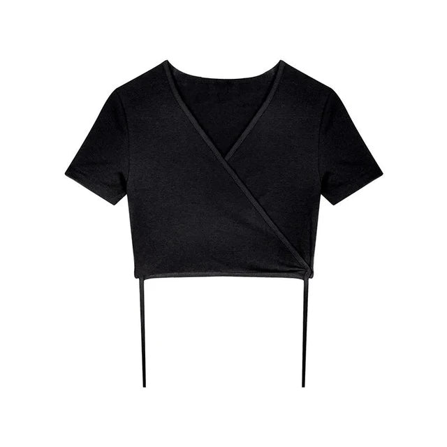 Summer Tee Tops T Shirts V-neck Cropped Top Cross Tie-up Harajuku Basic Korean Street T-shirts Mujer Y2k
