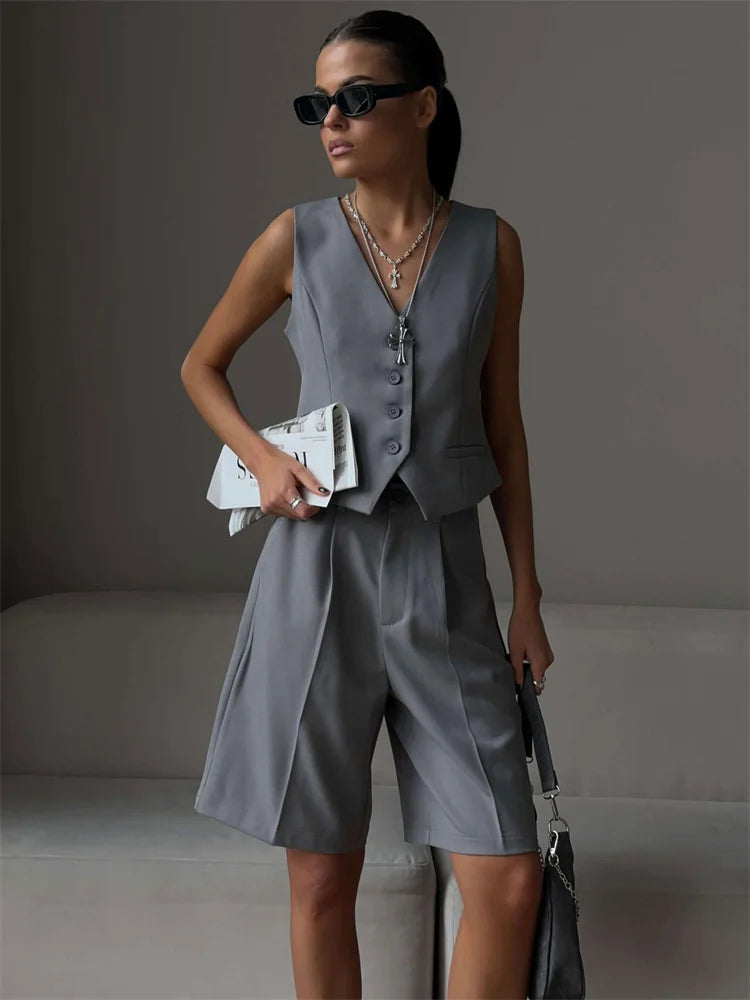 V-neck Sleeveless Female 2 Piece-set Slim Straight Trousers Pocket High Street Outfits Shorts Sets