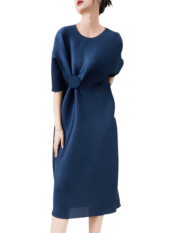 Stylish Irregularity Loose Pleated Color Round-neck Midi Dresses
