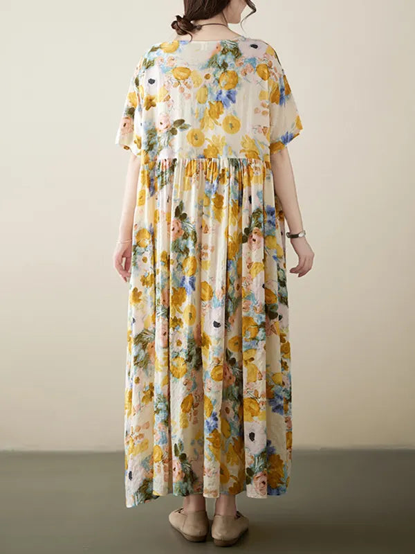 A-line Loose Printed Round-neck Midi Dresses
