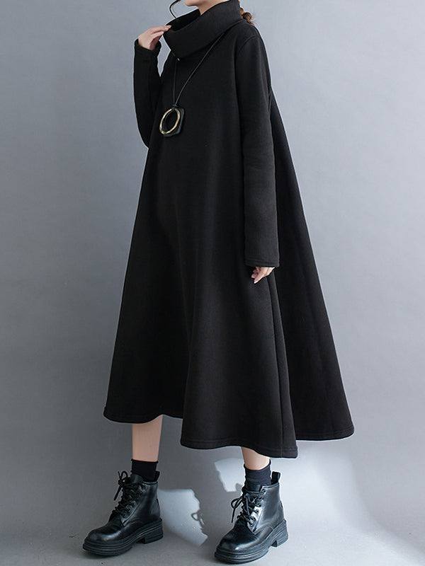 A-line Long Sleeves Asymmetric Color Zipper High Neck Midi Dresses