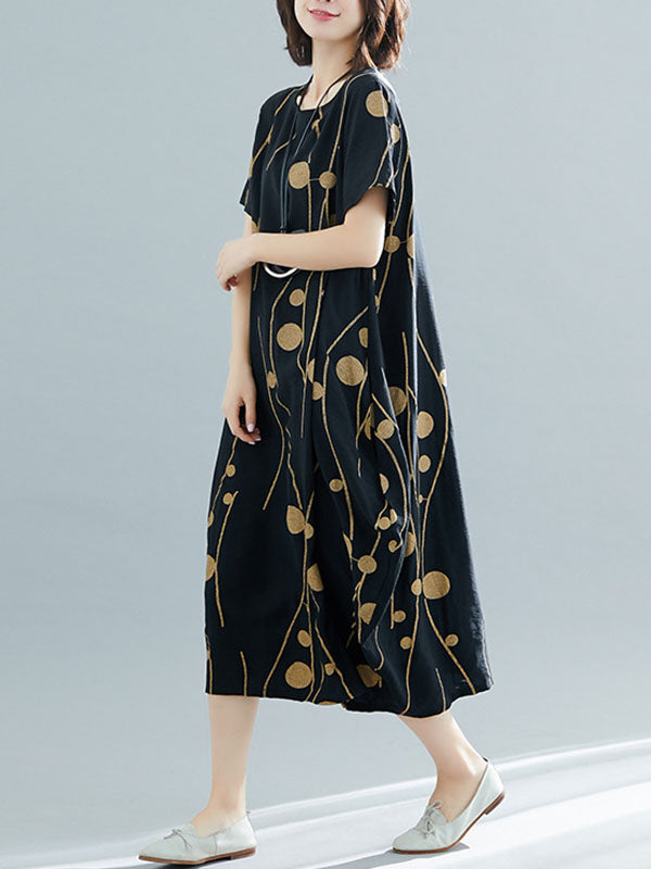 Loose Short Sleeves Printed Round-neck Midi Dresses