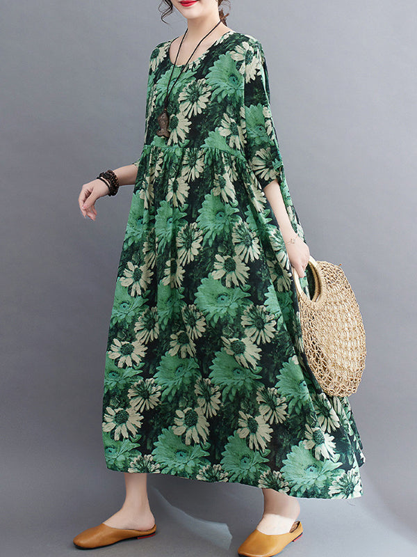 Loose Raglan Sleeve Printed Pleated Split-joint Round-neck Midi Dresses