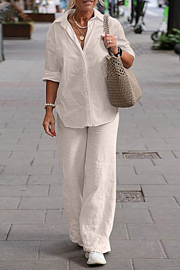 Two Piece Set Lapel Long-sleeved Shirt Color Wide-leg Pants Suit