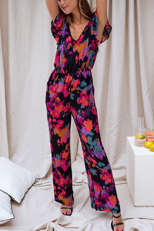 Nicola Watercolor Splash Ink Printed Elastic Waist Pocketed Jumpsuit